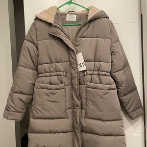 NEW Zara Puffer Jacket Coat Winter Long Outerwear Fur Hood Youth Kids 13 14 XS